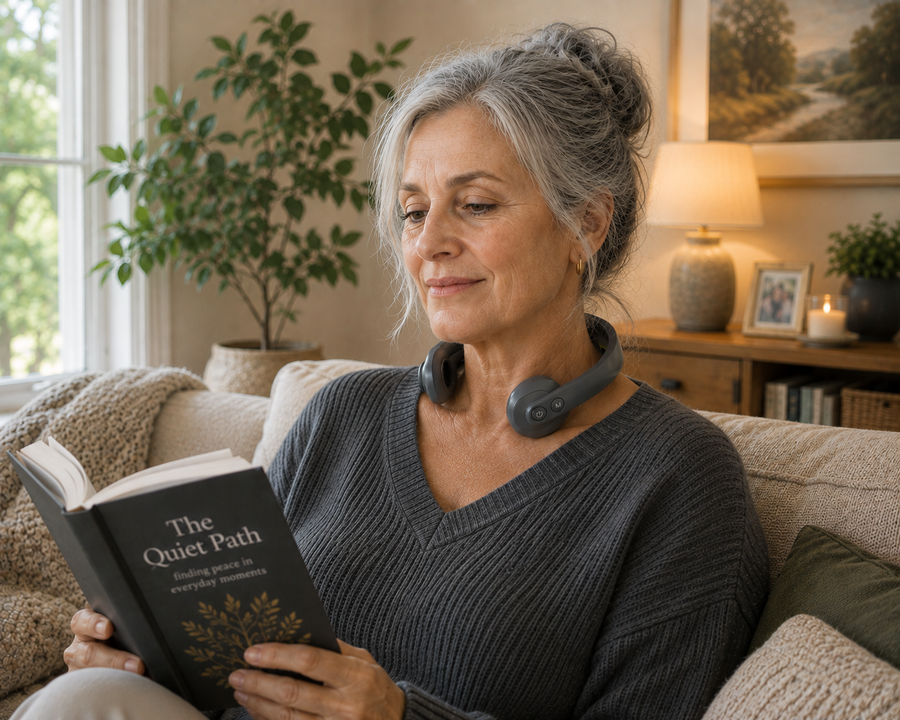 Person relaxing with the app-guided Vagus Nerve Relaxation Device Pro