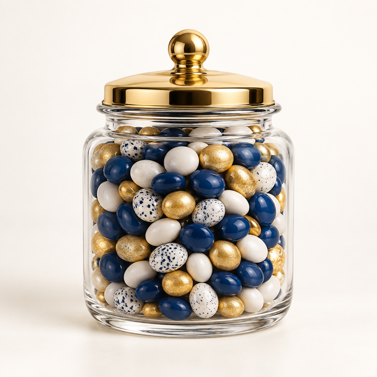 A glass jar filled with navy, white and gold candies